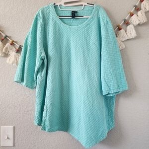 Focus Casual Life Sub Cotton 3/4 Sleeve Turquoise Asymmetric Tunic Top Lagenlook